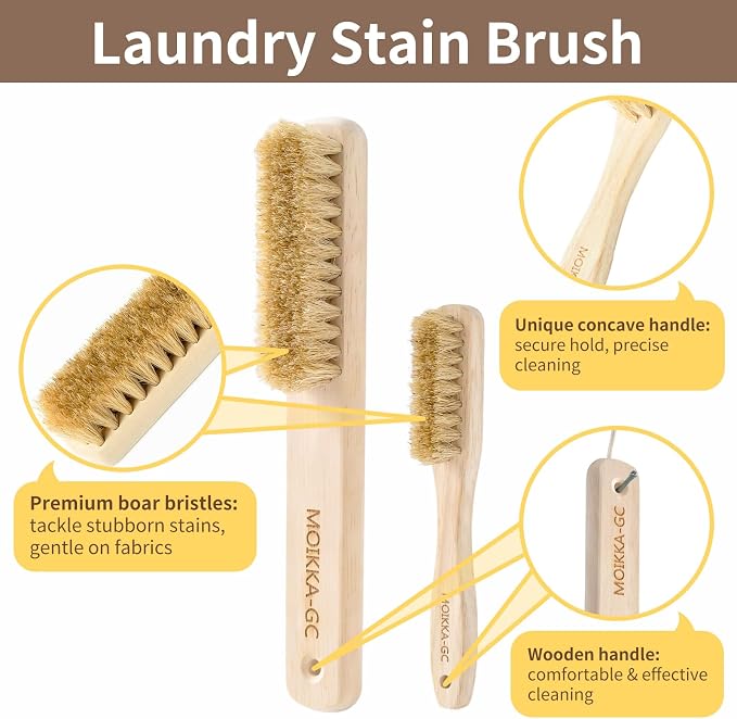 Large + Small Laundry Stain Brush Set with Soft Boar Bristles | Wooden Handle, Tough on Stubborn Stains, Gentle on Cotton, Linen, Knits, Large for Broad Surfaces, Small for Details