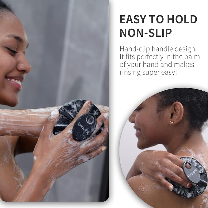 Silicone Body Scrubber, BEAUTAIL Gentle Exfoliating Shower Brush for Body | Hygienic Silicone Loofah, Easy-Grip Handle, Soft Bath Scrubber for Sensitive Skin, Women, Men & Kids, 2 Pack, Black+Purple