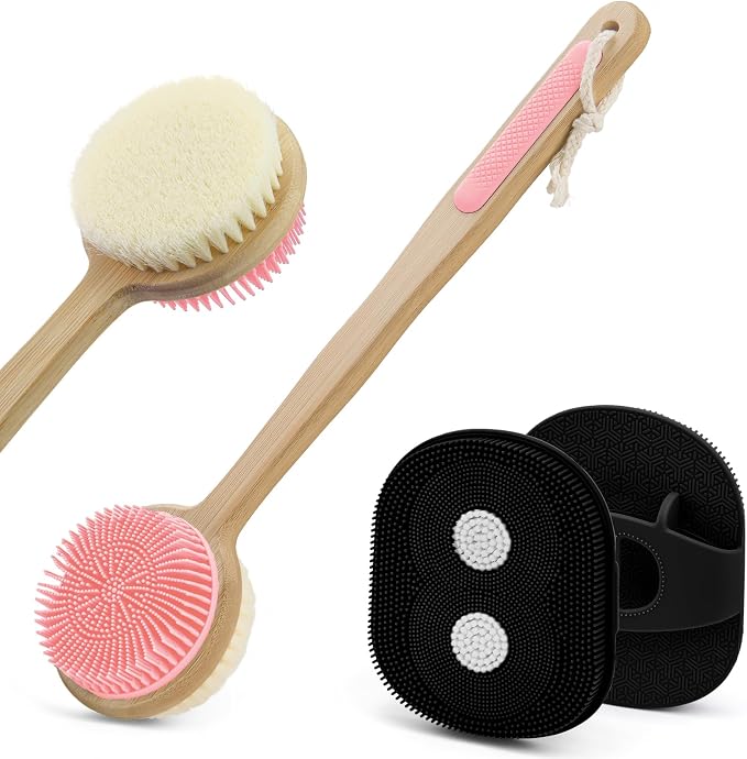 Back Scrubber for Shower + Body Scrubber 2 Pack, Dual Sided Silicone & Nylon Bristles Lather Well Exfoliating Anti-Slip Wood Long Handle Back Scrubber Body Exfoliator for Wet/Dry Bath Brush Pk+Bl