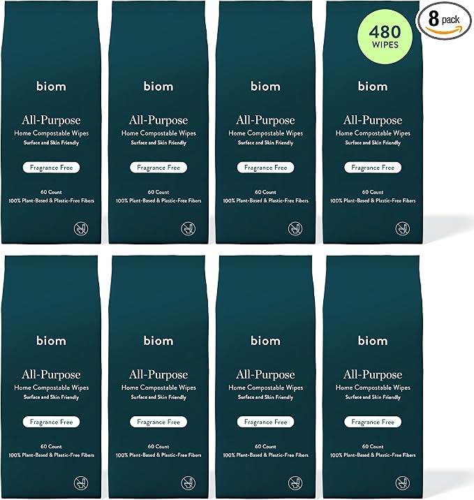 Biom All-Purpose Cleaning Wipes Refill (8pk x 60ct Each)- Fragrance Free - All Natural, Plant-Based, Non-Toxic Wipes for Home & Travel - Kid & Pet Friendly