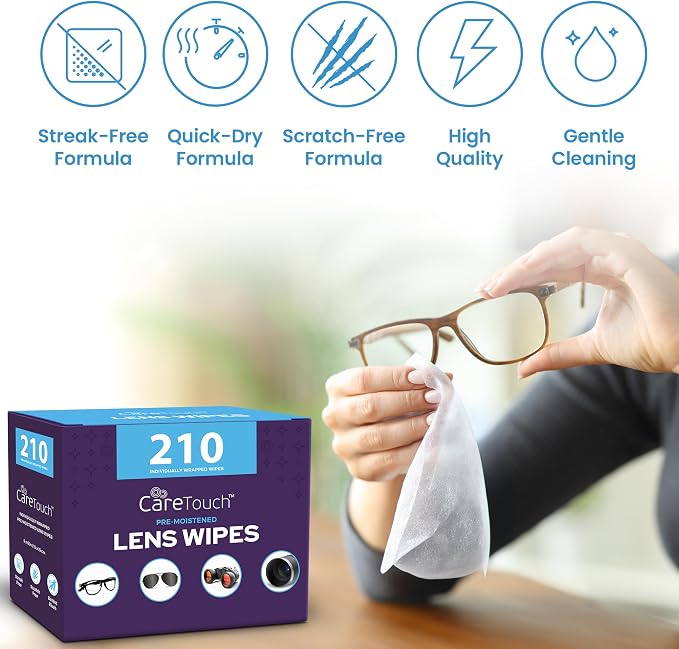 Care Touch Lens Wipes for Eyeglasses- 100 Count Individually Wrapped Pre- Moistened Wipes, 5 x 6 Inch- Camera Lens, Sunglasses and Glasses Cleaner,- Gentle and Portable for Cleaning of Optical Devices