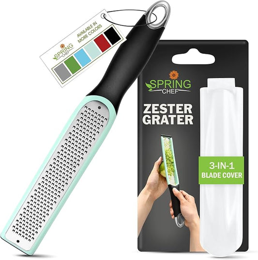 Spring Chef Premium Lemon Zester Grater with Handle - Fruit, Lime, Orange, Nutmeg, Garlic Grater - Heavy Duty Kitchen Tool - Stainless Steel Citrus Zester with Blade Cover - Fine Shred - Mint/Black