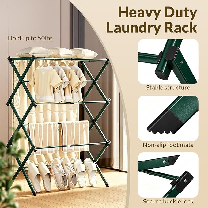 Foldable Clothes Drying Rack, 3 Tier Laundry Drying Rack for Clothes, Expandable Metal Clothing Dryer