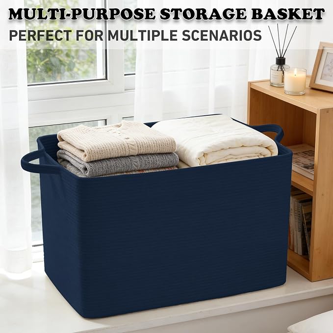 96L Woven Laundry Basket with Handles, Extra Blanket Basket,Navy | 24"×16"×15" Collapsible Cotton Rope Storage Basket for Toys Clothes & Pillows, Nursery, Bathroom, Bedroom, Living Room