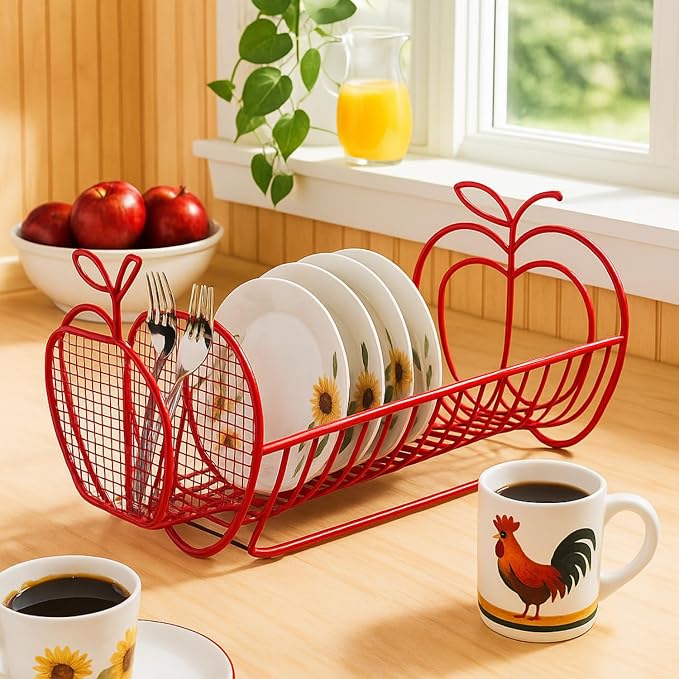 Jumbl Expandable Dish Drying Rack with Utensil Holder, Apple Design Metal Dish Drainer Adjusts 14 to 27 Inches, Rust-Resistant Countertop Dish Strainer for Kitchen Sink, RV, and Small Apartments