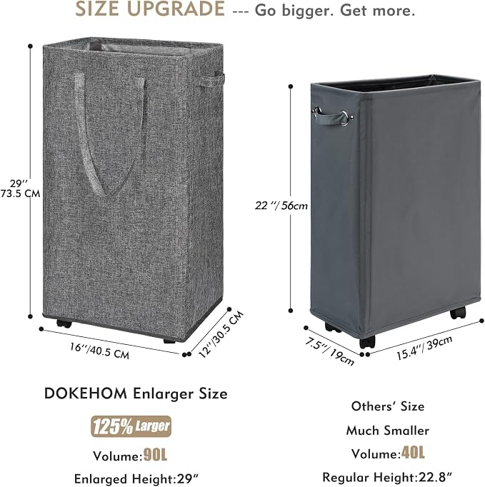 DOKEHOM 90L X-Large Rolling Laundry Basket Hamper on Wheels, Grey | Collapsible clothes hamper with removable mesh wash bag. High-capacity foldable washing bin organizer
