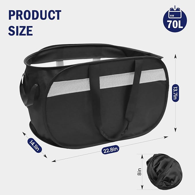 Collapsible Tear Proof Laundry Baskets with Dual Handles, Black | 70L, Foldable, Pop up Hamper, Reinforced Durable Laundry Hamper for Home, Laundry, Bathroom, Dorm or Travel