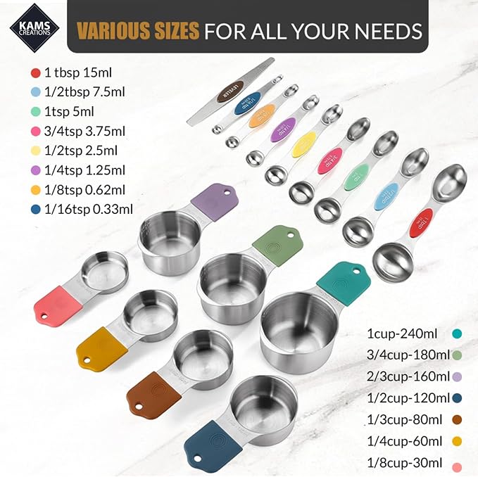 Stainless Steel Magnetic Measuring Spoons Set & Cups 16PCS - Double Sided Measuring Spoons, Stackable Measuring Spoons & Cups with Leveler - Premium Metal Measuring Spoons