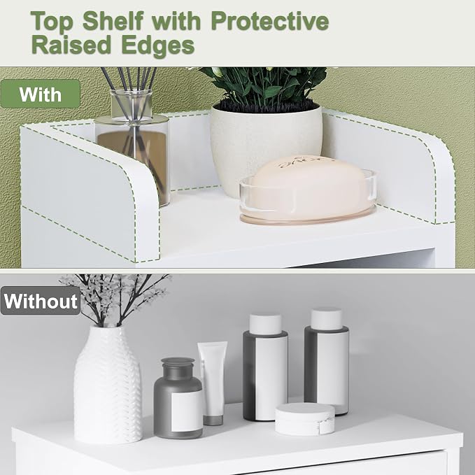 Small Bathroom Storage Cabinet, Narrow and Slim Storage Cabinet with Rattan Door and Adjustable Shelves, Corner Floor Bathroom Organizers and Storage for Small Space, White HSC001W