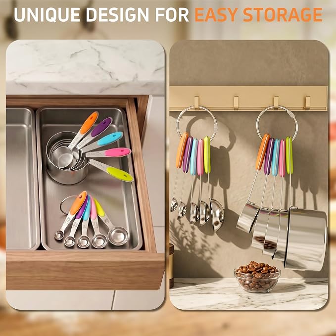 Measuring Cups and Spoons Set of 10 Piece, Stainless Steel Nesting Measuring Cups Set with Silicone Handles, Kitchen Utensils for Cooking and Baking