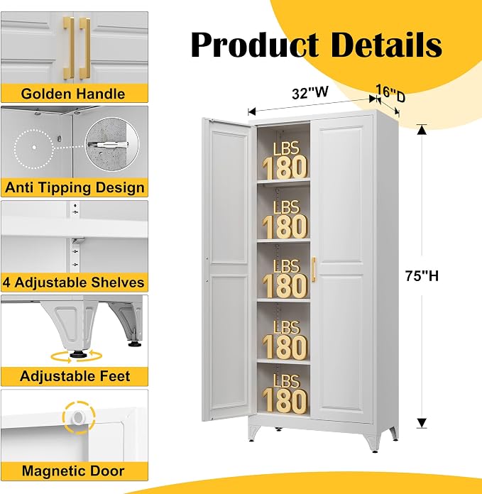 SteeLoong 75”Metal Pantry Storage Cabinet with Doors & 4 Adjustable Shelves | Kitchen Pantry Cabinet,White Kitchen Cabinet with 2 Gold Handles,Tall Cabinet for Livingroom,Pantry, Bathroom,Kitchen,Garage