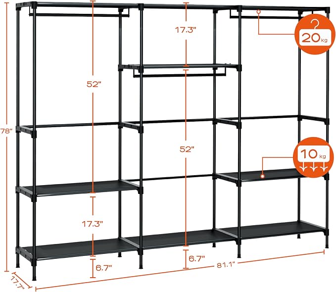 CASAMAYA Clothes Rack, Portable Closet, 81.1 Inch Large Capacity Wardrobe Closet, Clothes Storage Organizer with Shelves and 3 Hanging Rods, Easy to Assembly, Black PCT033B01
