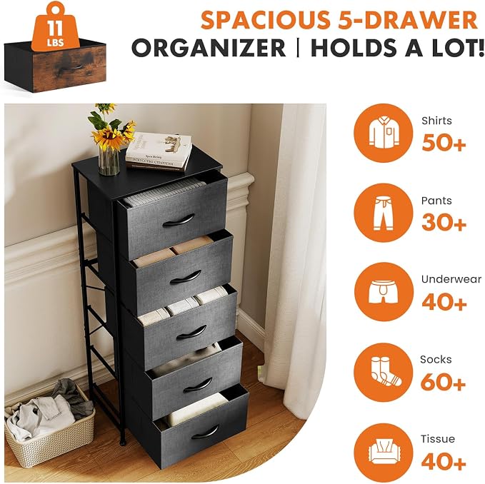 Sweetcrispy 5 Storage Drawer Bedroom Dresser, Tall Dresser for Organizer | Chest of 5 Drawers for Home Storage, Narrow Nightstand, Durable Clothes Oragnizer, Sturdy Frame and Wooden Top, Gray