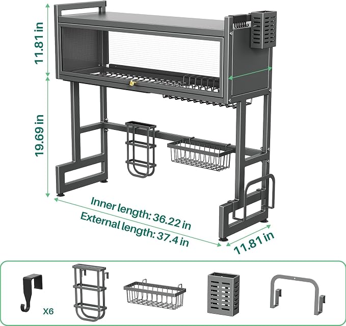 Over the Sink Dish Drying Rack 3 Tier with Dustproof Flip-Up Cover | Large Dish Drainer Storage Counter Organizer,Space-Saving Dish Rack for Dishes and Cutlery,Fits Sinks up to 36 Inches(Gray)