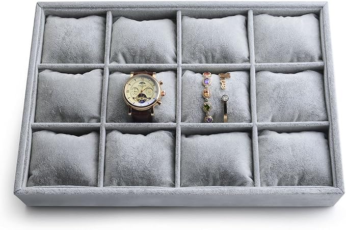 Oirlv Velvet Watch Bracelet Tray,Organizer for Drawer,12 Grids with Pillow | Stackable Design,Soft Velvet Pillow Protect Watches, Bracelets and Bangles, Ideal for Showcase Jewelry Display & Daily Use