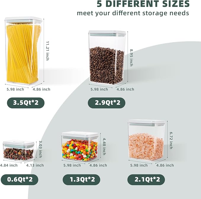Airtight Food Storage Containers, 10-Piece, 5 Sizes, Pop-Top Lids | Clear Stackable Pantry Canisters for Flour, Sugar, Cereal, Pasta, Oats, Coffee, Snacks and Everyday Home Baking Ingredients
