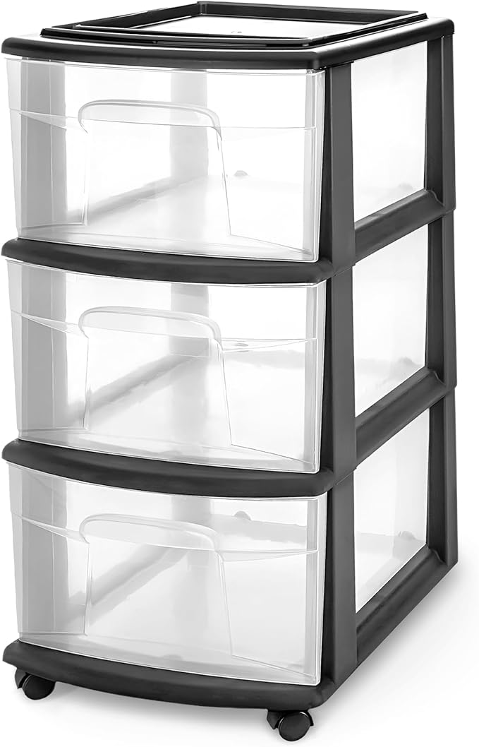 HOMZ Drawer Tower, 3-Tier Storage Cart with Removable Wheels, Black Frame | Plastic Organizer with Clear Bin Drawers for Bedroom, Bathroom, Home Office, and Dorm Rooms