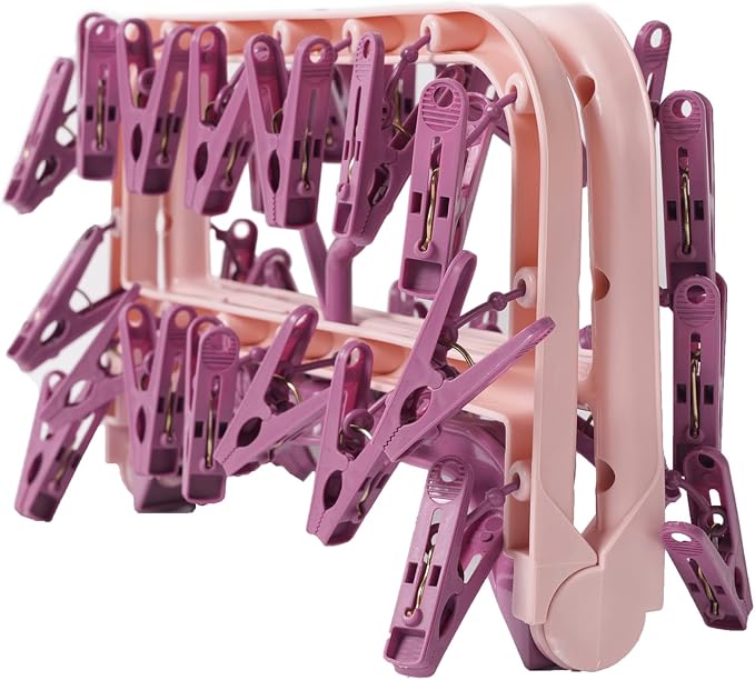 Foshine Clothes Drying Racks Foldable Clip Hangers Plastic with 32 Clips | Wind-Proof Hook Underwear Hanger For Socks Bras Pink