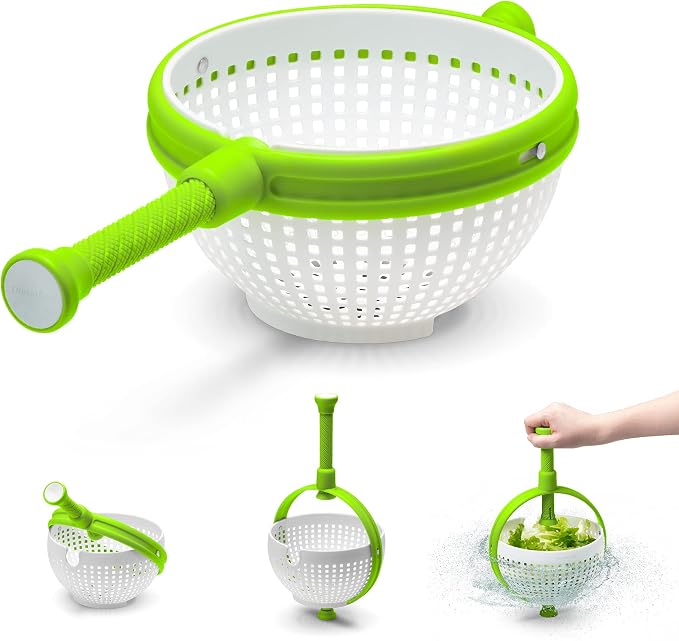 Dreamfarm Spina 2-In-1 Easy-To-Use, Collapsible Salad Spinner & Straining Colander for Salad, Fruit, Vegetable, Lettuce - White/Green | Compact storage, in-sink salad washer and strainer, 12 cup capacity, cleans fruit, vegetables and berries, drains pasta