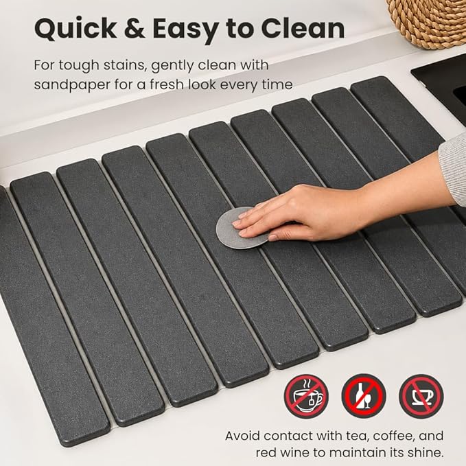 Stone Dish Drying Mat for Kitchen Counter, Large Quick Dry Diatomaceous Earth Stone Drying Mat, Foldable Water Absorbent Dish Drying Mat for Dishes, Cups, Bottles, Kitchen Sink & Countertop (Grey)