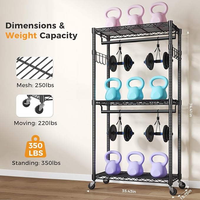 NEWBULIG Heavy Duty Clothing Rack with Wheels, 3-Tier Adjustable Wire Garment Rack, Metal Freestanding Closet Organizer System with Double Hanging Rods & 8 Side Hooks, 35" x 15" x 75", Black