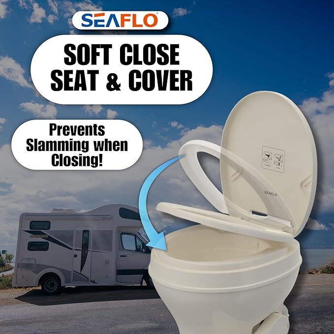 SEAFLO Bone RV Toilet, Residential Height 18.4", Gravity Flush Foot Pedal, Soft Close Seat, Camper Toilet for RV Motorhome Travel Trailer, Parchment, SFRTPH-02-01, 4-Year Warranty