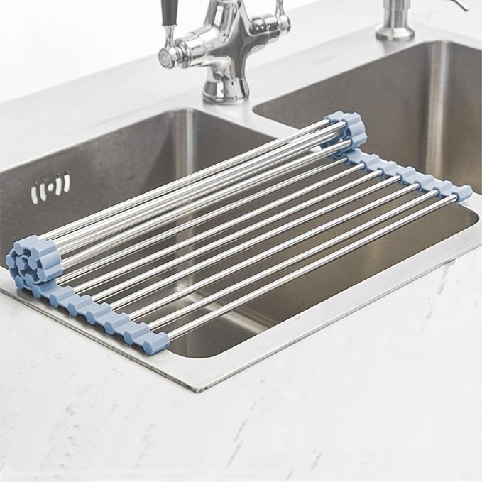 Over The Sink Dish Drying Rack, Roll Up Dish Drying Rack Kitchen Dish Rack Stainless Steel Sink Drying Rack, Foldable Dish Drainer, Gray (20.4''x13.7'')