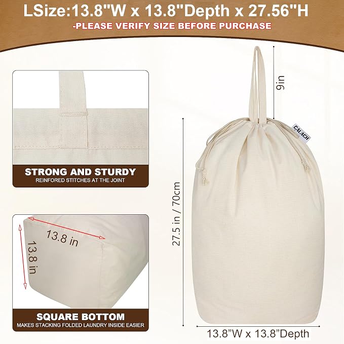 Heavy Duty Canvas Laundry Bags with Square Base 13.8"Wx13.8"Dx27.6"H, Beige | Extra Large Laundry Hamper Bag, Washable Drawstring Dirty Clothes Sack with Handles for College Dorm, Home Storage, 1 Pack
