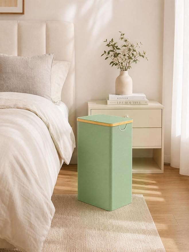 IEGrow Laundry Hamper with Lid,110L Laundry Basket with Mesh Bag,Green | Dirty Clothes Hamper Basket with Bamboo Handle for Clothes Towels Organization