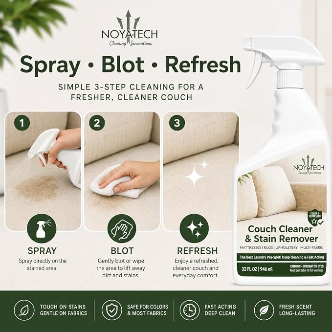 NOYATECH Couch Cleaner and Stain Remover Spray, Pet Safe Upholstery, 32 oz