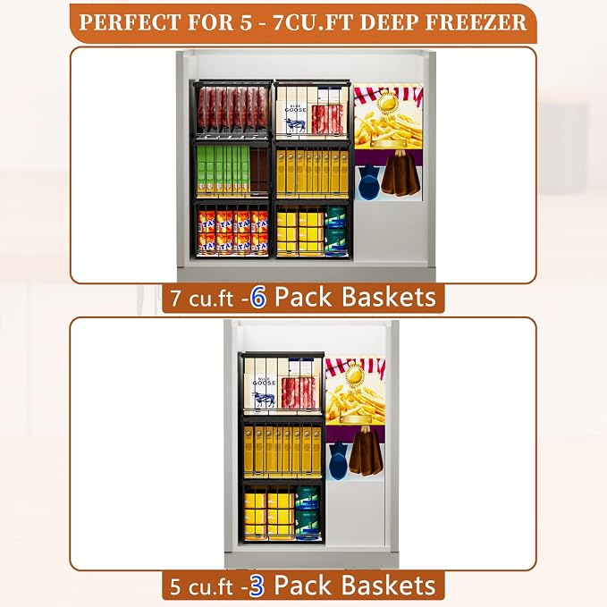 Large Freezer Organizer Bins, Upgrade Quick Expand/Collapse Feature, for 5-9 Cu.Ft Deep Freezer, 6 Pack Stackable Deep Freezer Organizer Bins, Black Wire Foldable Baskets (Black 6 Pack)