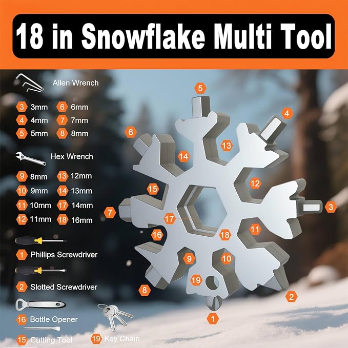 Snowflake Multi Tool 2 Pack - Stainless Steel 18 in 1 Multitool with Carabiner,Bottle Opener & Wrench,Gifts for Him,Men,Dad,Husband(Silver + Black)