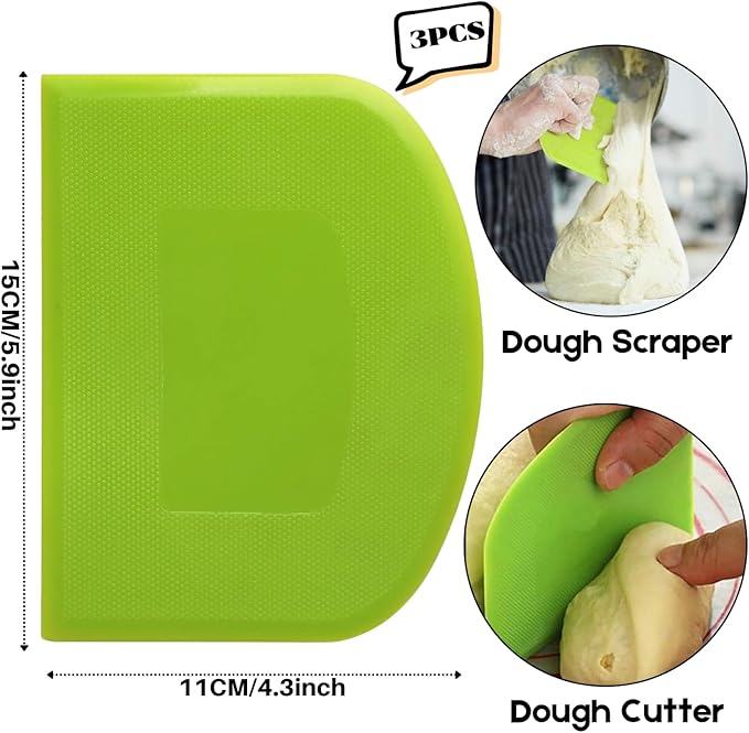 SURDOCA Dough Bench Scraper - 3P 5.9x4.3" Plastic Flexible Bowl Scraper, Sharp Edge & Angles Cake Scraper. Non-Slip Bakeware Decorating Tools for Sculpting & Modeling - Pink+White+Green
