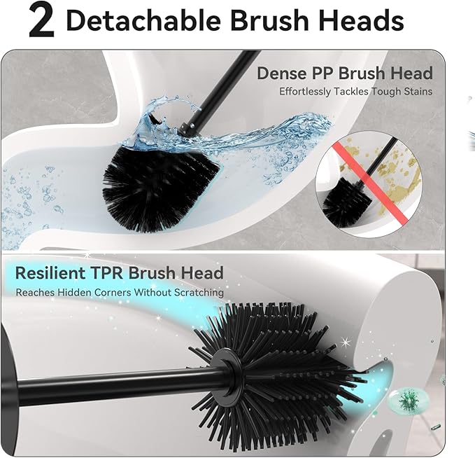 DOWRY Toilet Bowl Brush and Holder for Bathroom, Deep Cleaning Toilet Brush and Holder Set with Long Handle, Hidden Toilet Bowl Brush with Replaceable Head,Modern Decor Black Round