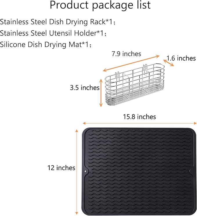 NiuYichee Stainless Steel Dish Drying Rack(15"L X 12.6"W X 4.7"H), Expandable Fruit & Vegetable Drain Rack over Sink, Dish Drainer Rack in Sink, with Stainless Steel Utensil Holder & Silicone Mat(16")