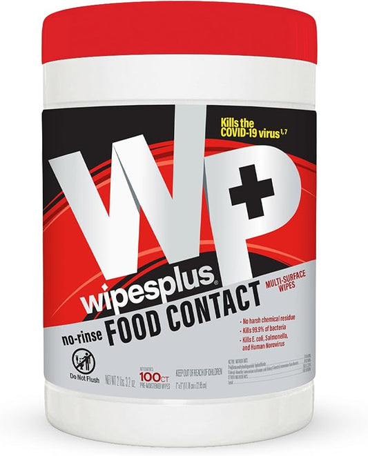 WIPESPLUS Cleaning Wipes All Purpose Food Contact - No Rinse, No Residue, Quick Dry Formula, Disinfecting Wipes For Restaurants, Foodservice, Schools - Canister, 100 Count