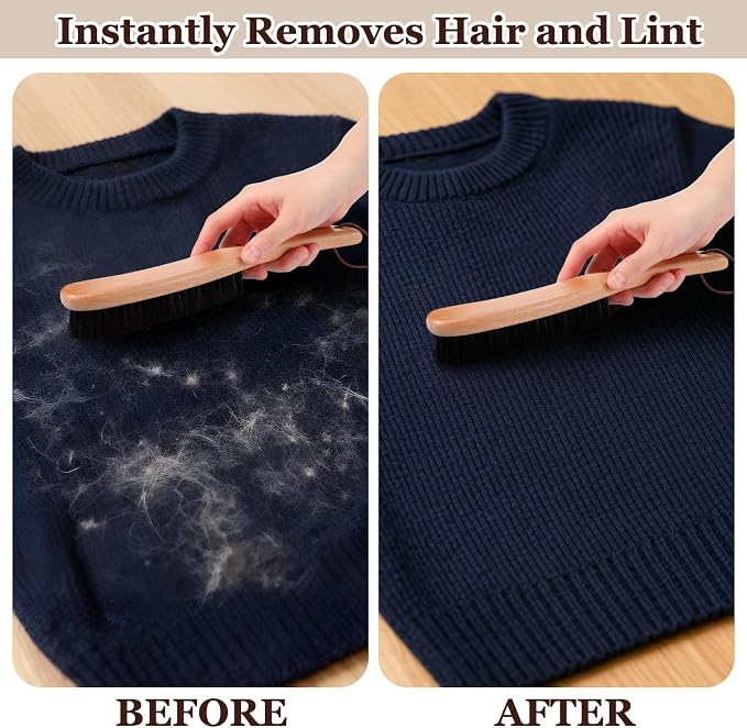 2 Pcs Lint Brushes for Clothes with Boar Bristle Beech Wood Handle Natural Reusable Garment Brush Lint Remover for Hat Wool Coats Suits Hat Suede Pet Hair Denim Corduroy Heavy Fabrics