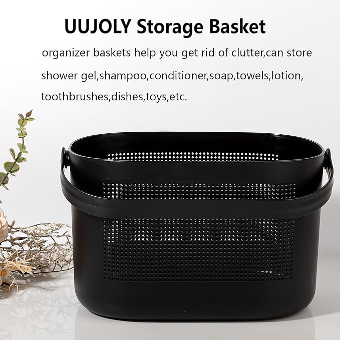 Plastic Protable Shower Caddy Basket, Storage Organizer with Handle, Black | Bottom Drain Holes, Keep Dry, Sturdy and Durable, Easy to Carry for Bathroom, Kitchen, Dorm Room, RV, College