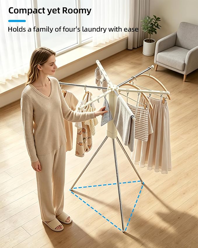 Foldable Tripod Clothes Drying Rack for Travel, Camping with 3 Tent Pegs | Portable Drying Rack Clothing Laundry Drying Rack for Balcony, Hotel, Apartment. Steel Frame with 12 Clips, Windproof