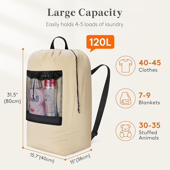 Lifewit Laundry Bag Backpack Travel, 120L, Khaki | Extra Large Bag with Shoulder Straps and Mesh Pocket for Laundromat, Heavy Duty Basket for Dirty Cloth College Dorm Apartment