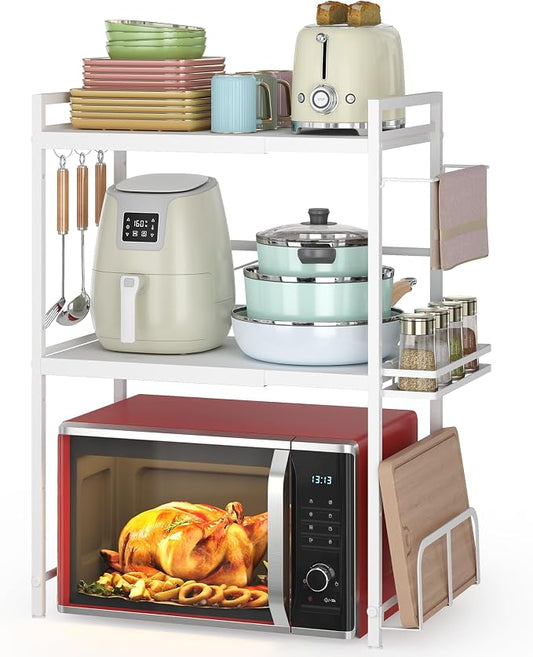 Expandable Microwave Stand Kitchen Countertop Organizer With Storage, White | Adjustable Microwave Oven Rack Metal Storage Shelf for Pans Small Appliances Kitchen Utensils Tableware, 3-Tier