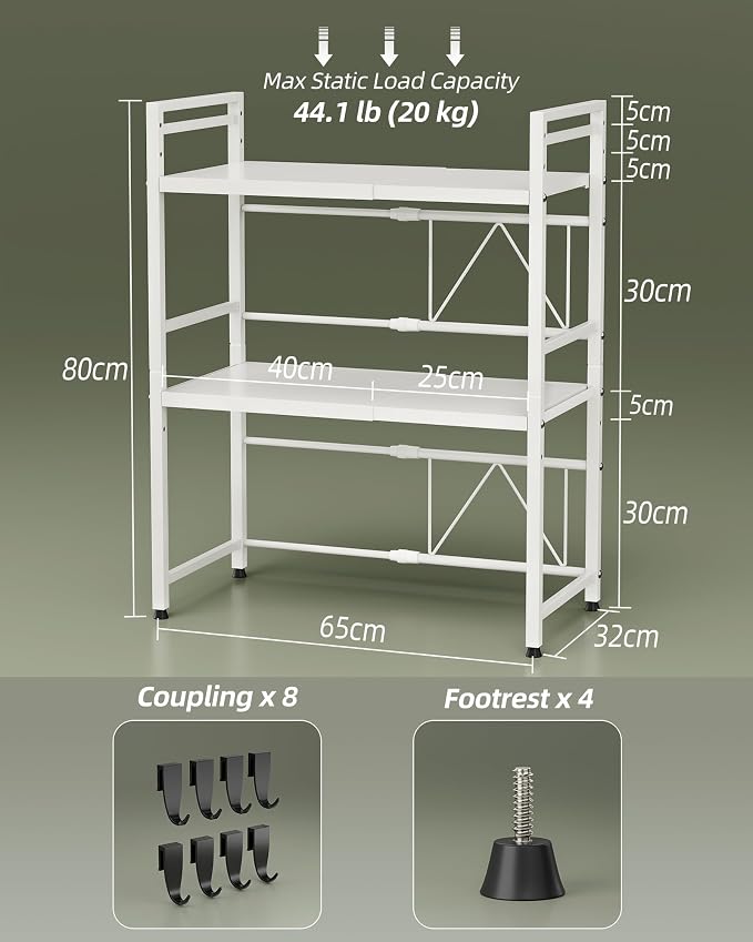 NETEL 3 Tier Expandable Microwave Stand countertop,Microwave Oven Rack | microwave shelf, storage shelves for pans &appliances,Adjustable partition height，55 Lbs load Per Tier,White