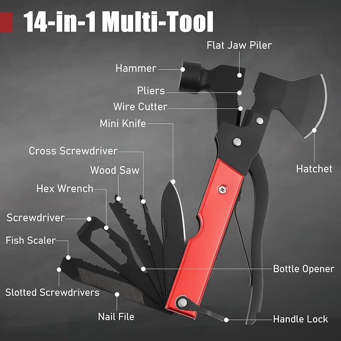 Leopcito 14-In-1 Multitool Camping Hammer - Survival Gear with Axe, Knife, Screwdriver, Pleirs, Saw, Bottle Opener and More -Portable Outdoor Tool Gift with Nylon Sheath for Men & Dad