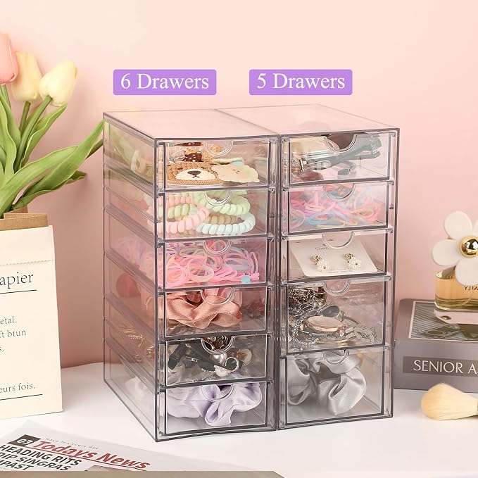 Hipiwe Plastic Drawer Organizer Desktop Storage Box with 6 Pull Out Drawers | Clear Compact Drawers Box for Cabinet Vanity Bathroom Bedroom Pantry Shelf Office Closet Organization