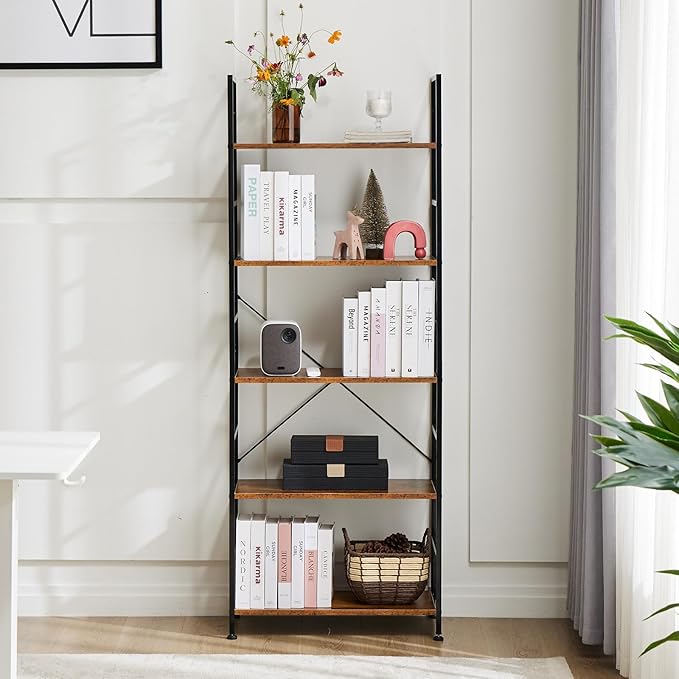 DUMOS 5 Tiers Bookshelf, Classical Modern Book Shelf, Tall Display Shelves in Living Room/Home/Office, Storage Organizer for CDs/Books/Movies, Rustic Brown | Tall Display Shelves in Living Room/Home/Office, Storage Organizer for CDs/Books/Movies, Rusti...