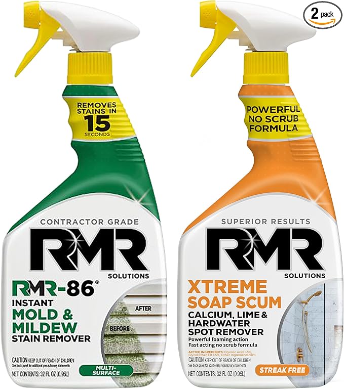 RMR Instant Mold & Mildew Stain Remover Spray + Xtreme Soap Scum Remover, No-Scrub Indoor/Outdoor Cleaning System for Bathroom, Shower, Siding, & Deck, 2–32 Oz Bottles