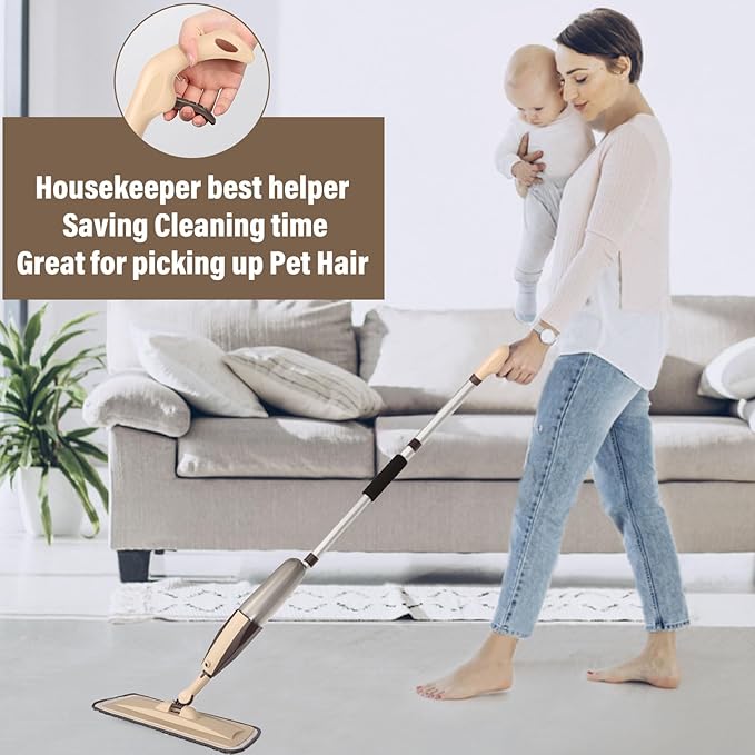 Mops for Floor Cleaning, 50 inch Spray Mop with 400ml Refillable Bottle and 3 Replacement Pads Dry Wet FloorCleaning Household or Commercial Use for Hardwood Laminate Tile Ceramic (Brown)
