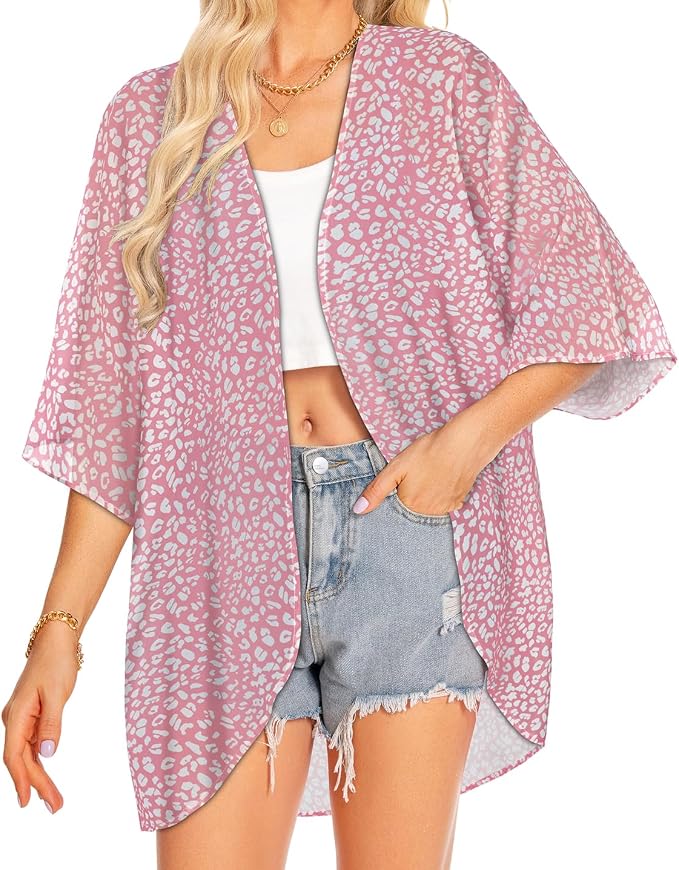 Women Kimono Cardigans Summer Cover Up Hawaiian Shirts Floral Print Tops | ROSEMIA chiffon kimono open front cardigans, beach cover ups, daily casual tops, cruise outfits, summer resort wear