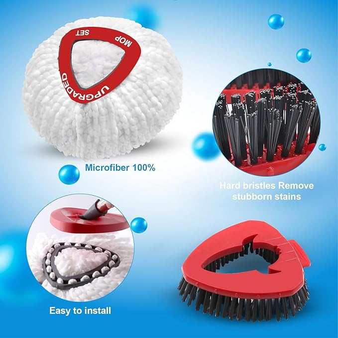 Spin Mop Replace Head Compatible with Ocedar EasyWring 1 Tank, Upgraded Scrub Brush Mop Replacement Head, 2 Microfiber Mop Refills, 1 Mop Handle, 1 Mop Base and 1 Mop Base Cleaning Brush Combo Set