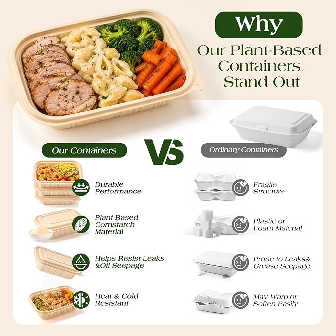 100 Piece (50 Pack) Meal Prep Containers with Lids, 16 oz Cornstarch Small Food Storage Containers Plant-based Lunch Box for Salad, BPA Free Plastic Disposable Take Out Boxes Microwave & Freezer Safe